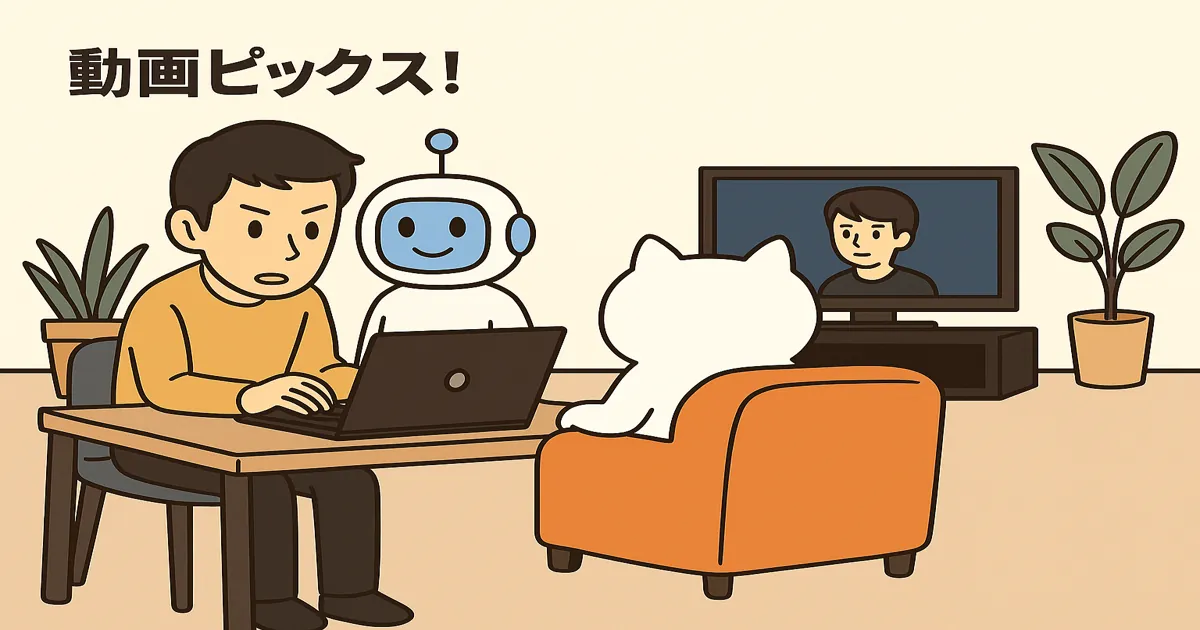 動画ピックス！の運営チーム。チャット君とヨースケが作業中、まんぷくにゃんはソファでテレビを見ている様子。