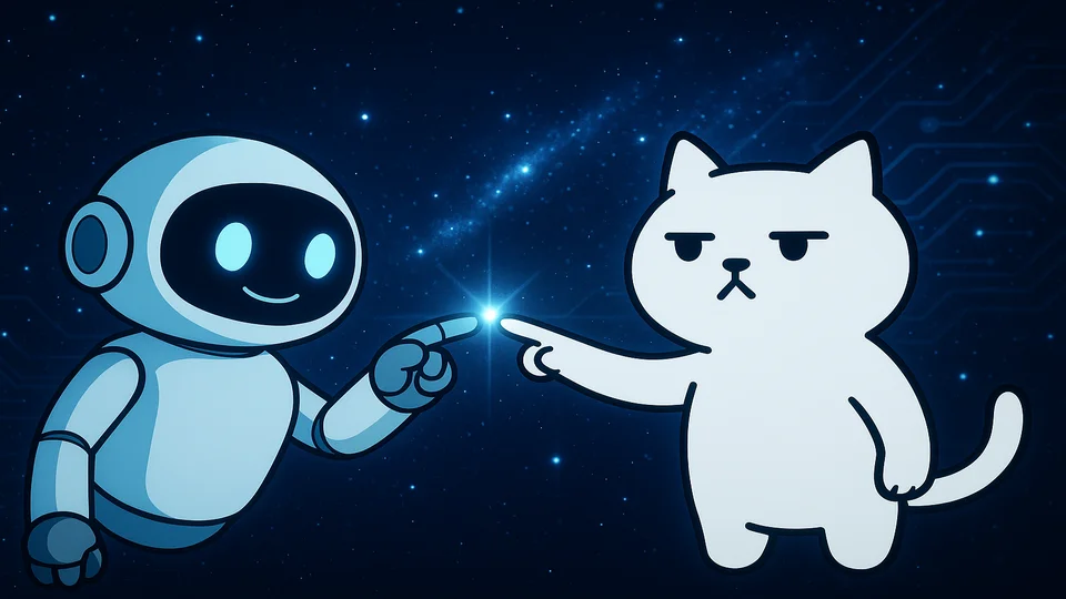 AIとまんぷくにゃんが指先でつながる未来イメージ