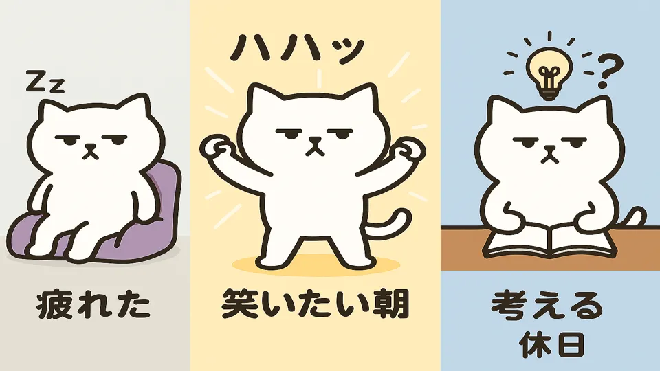 まんぷくにゃんの気分別イメージ：疲れた・笑いたい朝・考える休日