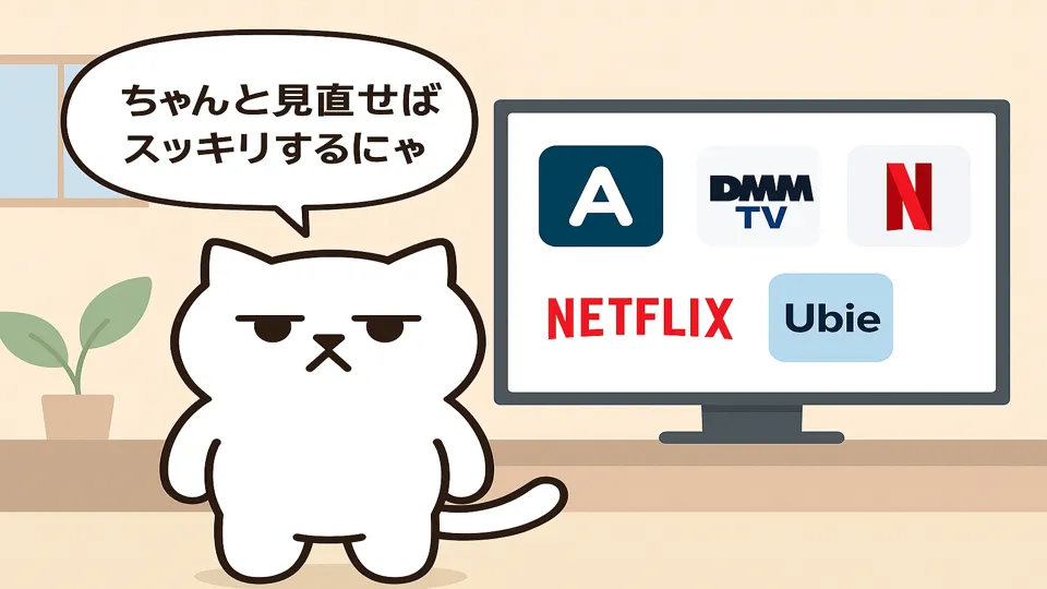 満腹にゃんがサブスクを見直すイメージ