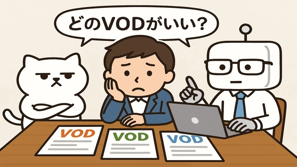 VODサービスを議論する3人チームのイラスト