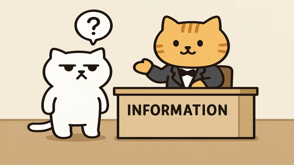 困った表情のまんぷくにゃんが、受付カウンターで相談している様子