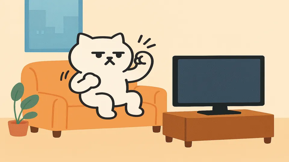 自宅でガッツポーズするまんぷくにゃん