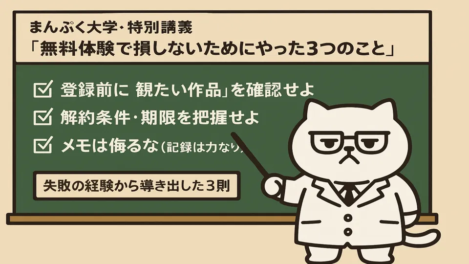 まんぷくにゃん博士が無料体験の3原則を講義している様子