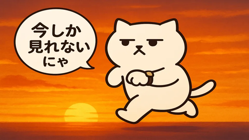 まんぷくにゃんが夕日に向かって腕時計を見ながら走っている様子