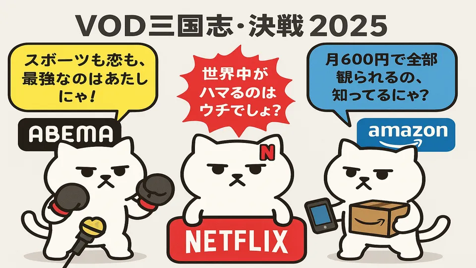 ABEMA・Netflix・Amazonの三者が三つ巴でバトルしているまんぷくにゃんのイラスト