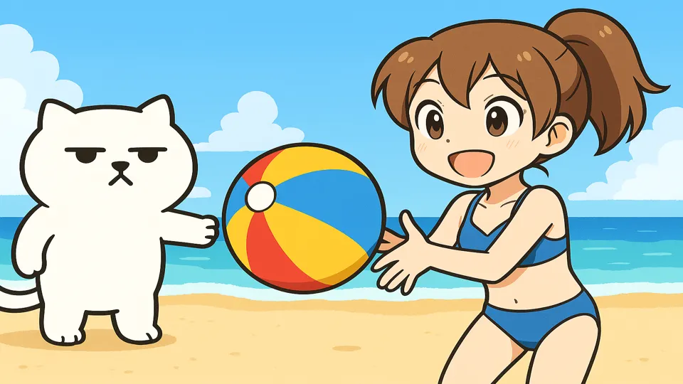 まんぷくにゃんと女の子がビーチボールで遊んでいる様子