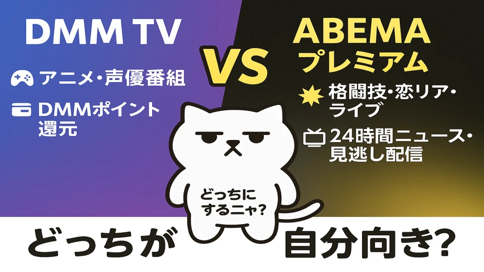 まんぷくにゃんがDMM TVとABEMAプレミアムを比較して悩んでいる様子