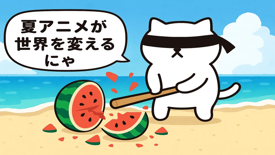 夏アニメが世界を変えるにゃ!スイカ割りで気合を入れるまんぷくにゃん 目隠ししてスイカ割りをするまんぷくにゃん
